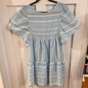 Anthropologie Maeve Boho Tiered Stripe Mini Shift Dress light Blue White